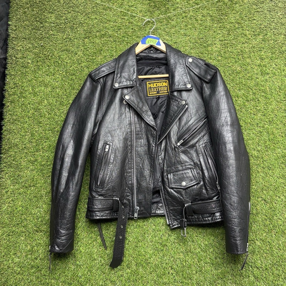 Vintage Hudson Leather Jacket Mens 40 Black Biker Belted Harley Davidson 90s